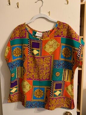 Colorblock Medallion Short Sleeve Blouse in Teal, Orange & Purple